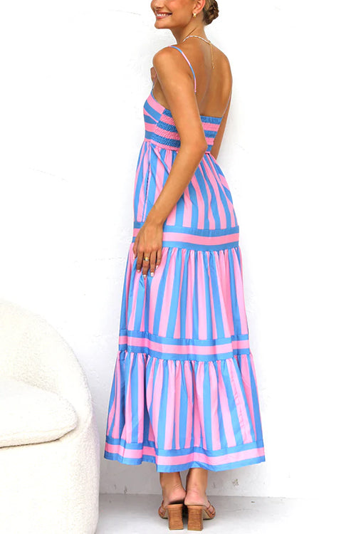 Mixiedress Spaghetti Strap Tiered Color Block Striped Maxi Dress
