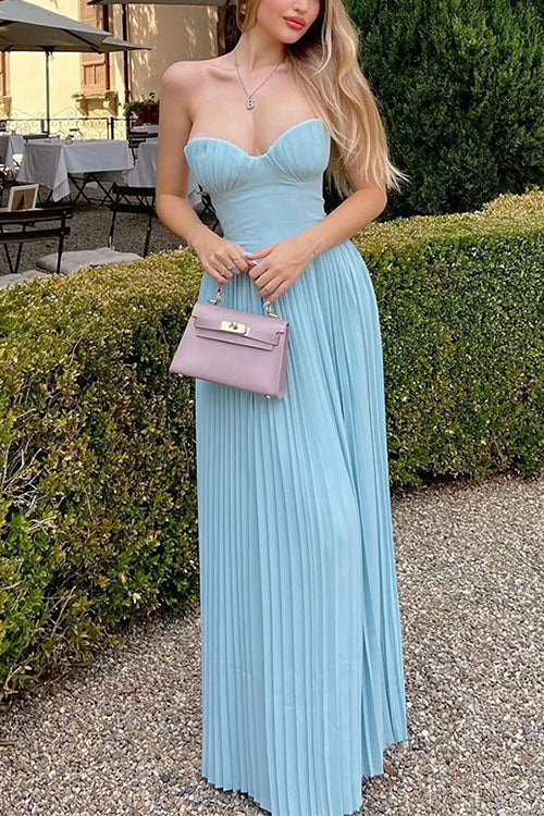 Mixiedress Strapless V Neck Corset Pleated Maxi Dress
