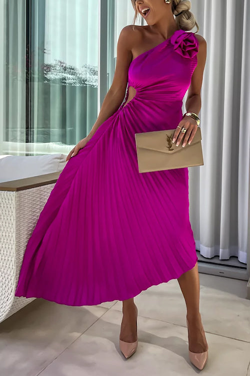 Mixiedress 3D Rose One Shoulder Cut Out Waist Asymmetric Hem Pleated Maxi Dress