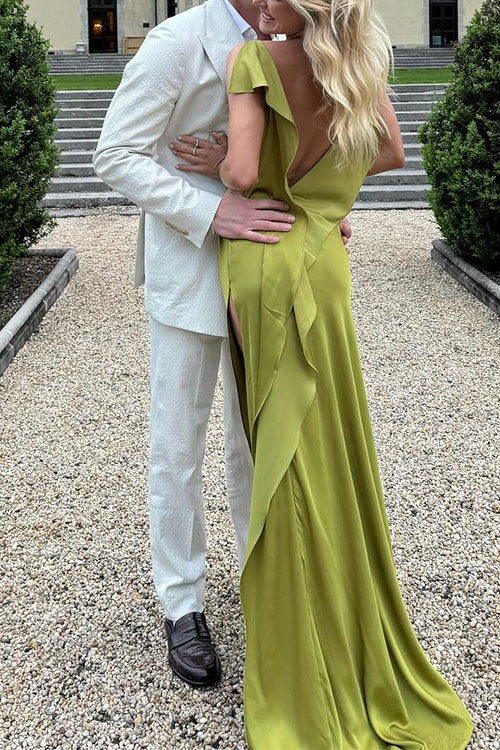 Mixiedress High Slit Back Drape Cascading Satin Maxi Cami Dress