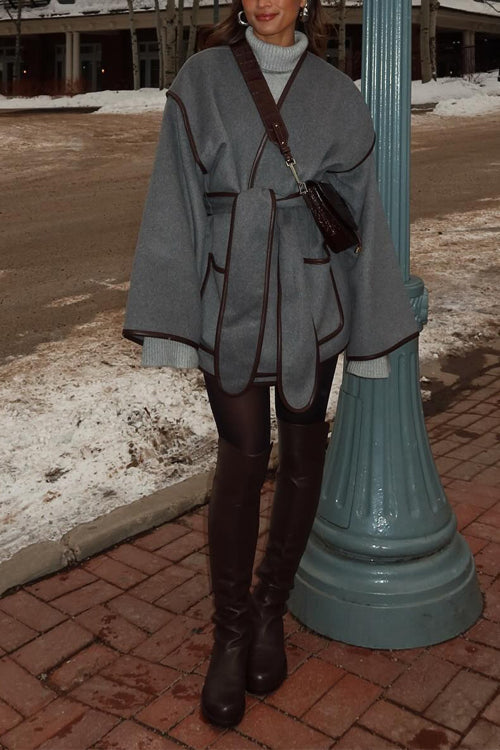 Mixiedress Open Front Pocketed Splice Coat with Belt