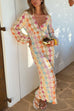 Mixiedress V Neck Lantern Sleeves Geometric Print Maxi Dress