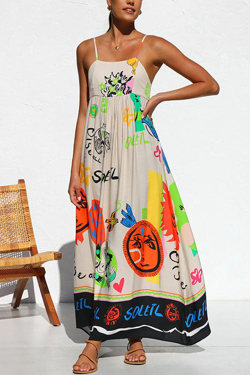 Mixiedress Tie Back Cut Out Graffiti Print Flowy Maxi Cami Dress