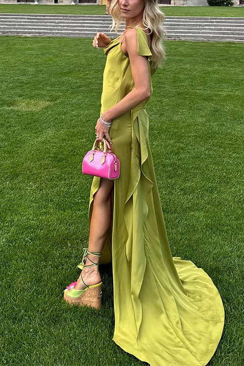 Mixiedress High Slit Back Drape Cascading Satin Maxi Cami Dress