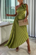 Mixiedress 3D Rose One Shoulder Cut Out Waist Asymmetric Hem Pleated Maxi Dress