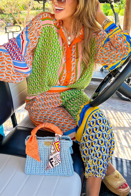 Mixiedress Unique Print Balloon Sleeves Button Up Shirt Elastic Waist Jogger Pants Holiday Set