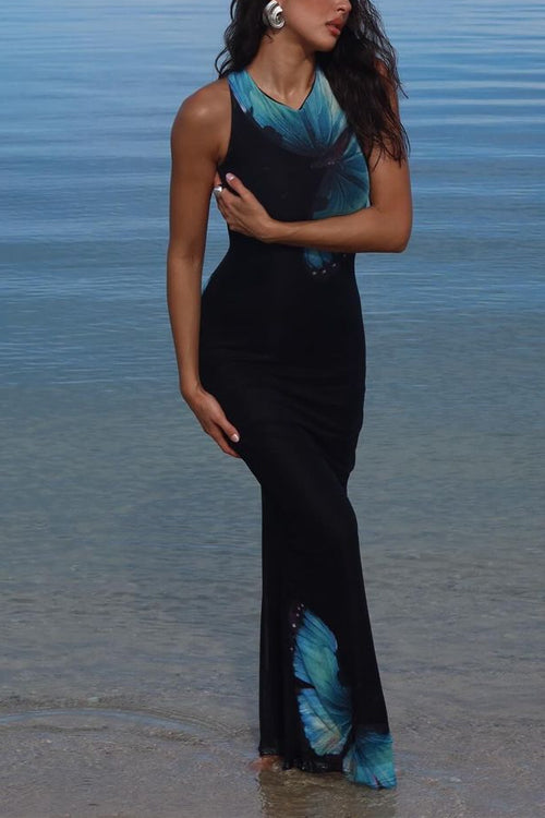Mixiedress Back Lace-up Sleeveless Butterfly Print Maxi Dress