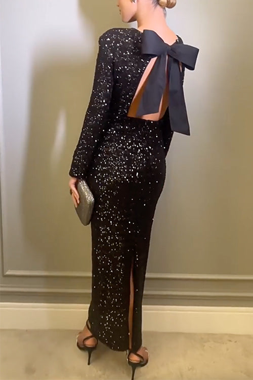 Mixiedress Bow Backless Sequin Bodycon Maxi Party Dress