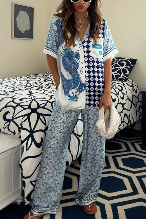 Mixiedress Short Sleeves Blouse Shirt Wide Leg Pants Color Block Unique Print Set
