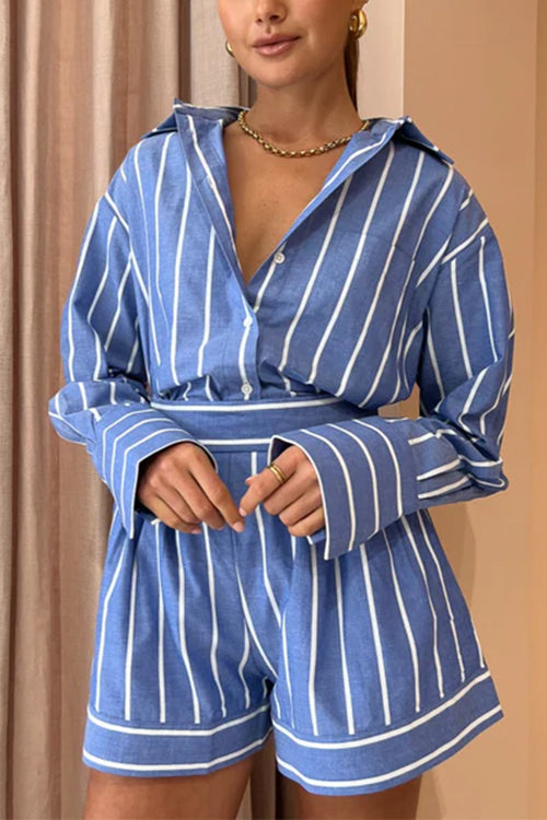 Mixiedress Striped Long Sleeves Curve Hem Shirt and High Rise Shorts Set
