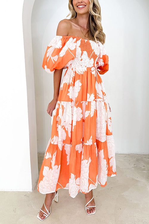 Mixiedress Off Shoulder Puff Sleeves Tiered Printed Midi Swing Dress