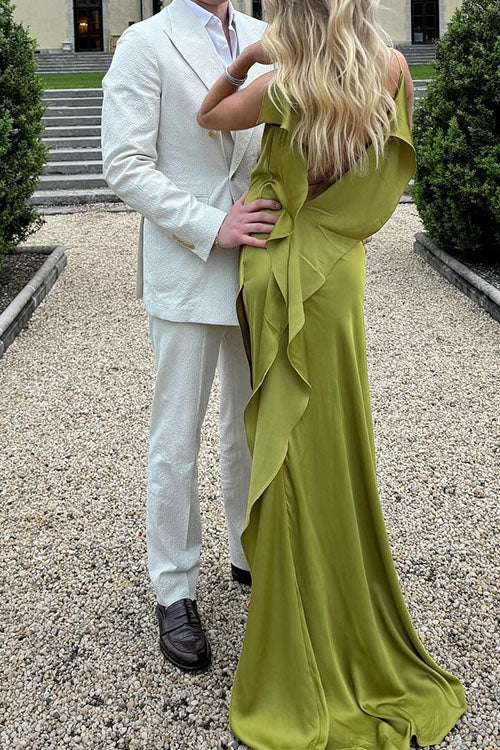 Mixiedress High Slit Back Drape Cascading Satin Maxi Cami Dress