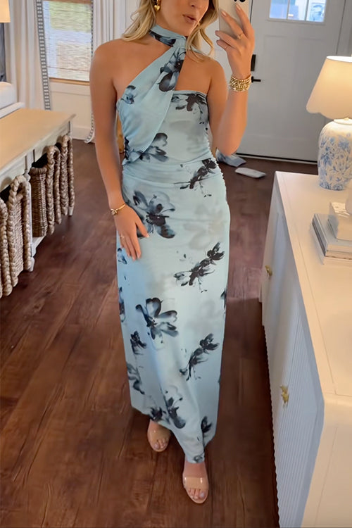 Mixiedress Halter Sleeveless Floral Print Mesh Maxi Dress