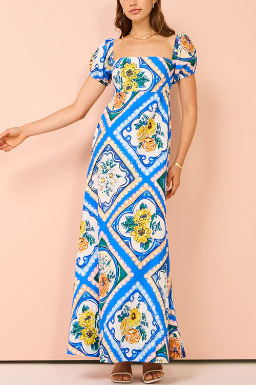 Mixiedress Square Collar Puff Sleeves High Waist Floral Print Maxi Dress