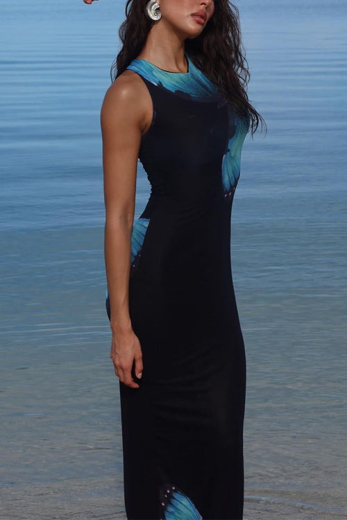Mixiedress Back Lace-up Sleeveless Butterfly Print Maxi Dress