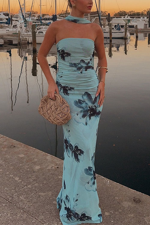 Mixiedress Strapless Tube Floral Print Bodycon Maxi Dress