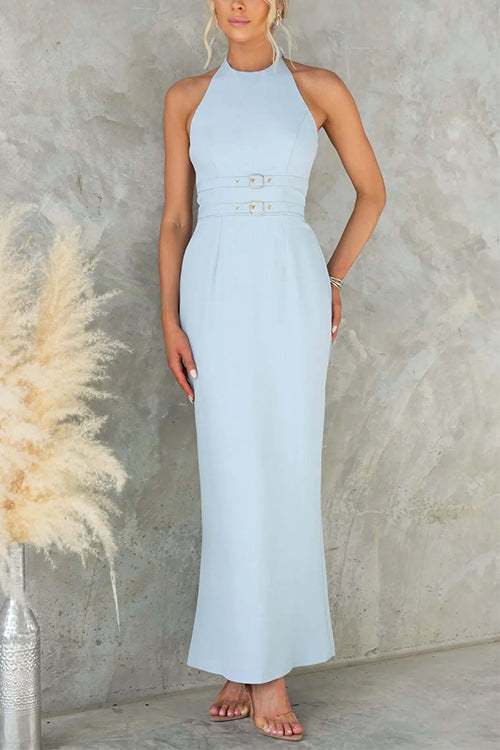 Halter Sleeveless Back Slit Waisted Maxi Dress