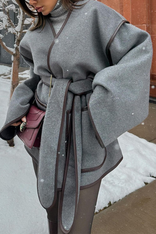 Mixiedress Open Front Pocketed Splice Coat with Belt