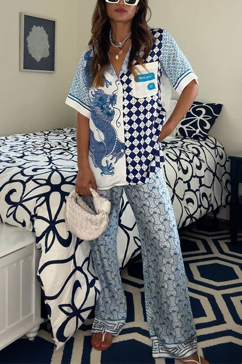 Mixiedress Short Sleeves Blouse Shirt Wide Leg Pants Color Block Unique Print Set