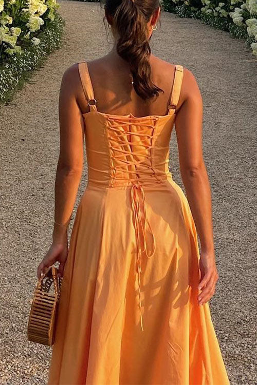 Mixiedress Drawstring Neck Slit Bustier Midi Cami Dress