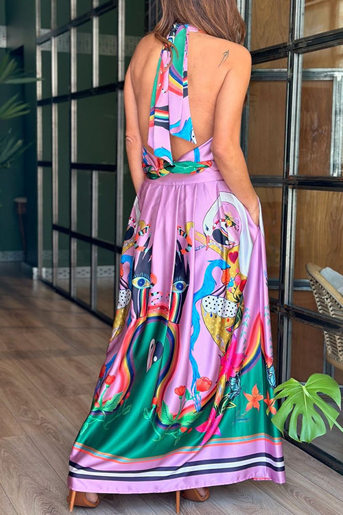 Mixiedress Unique Print Cowl Neck Tie Knot Backless Top and Pocketed Maxi Skirt Set