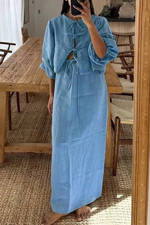 Mixiedress Puff Long Sleeves Lace-up Shirt Drawstring Waist Maxi Skirt Set