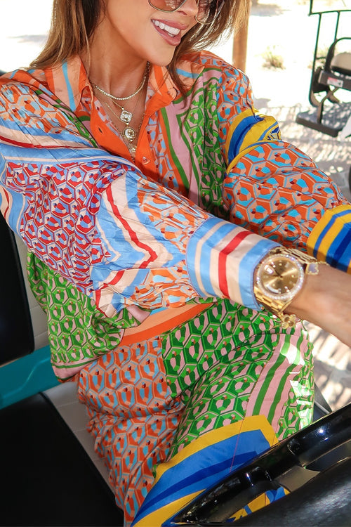 Mixiedress Unique Print Balloon Sleeves Button Up Shirt Elastic Waist Jogger Pants Holiday Set