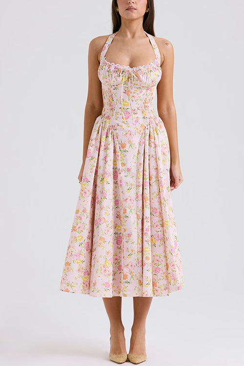 Mixiedress Halter Tie Front Waisted Floral Print Midi Dress