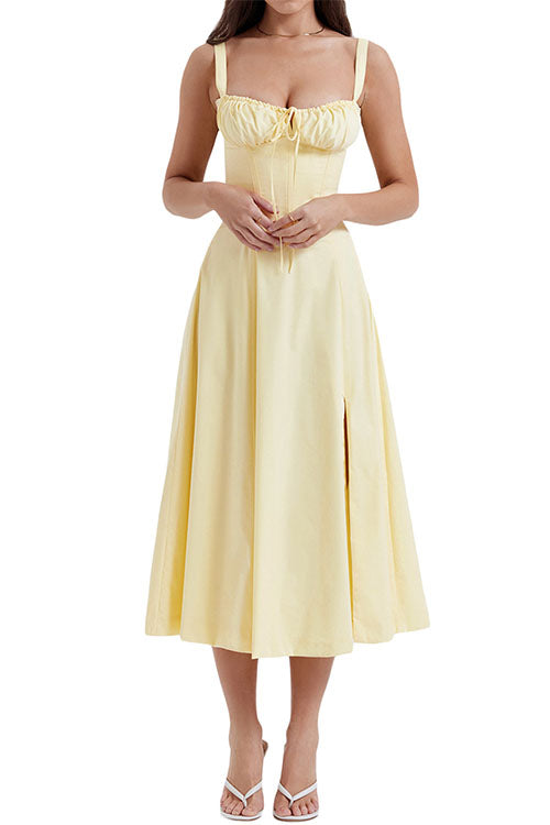 Mixiedress Drawstring Neck Slit Bustier Midi Cami Dress