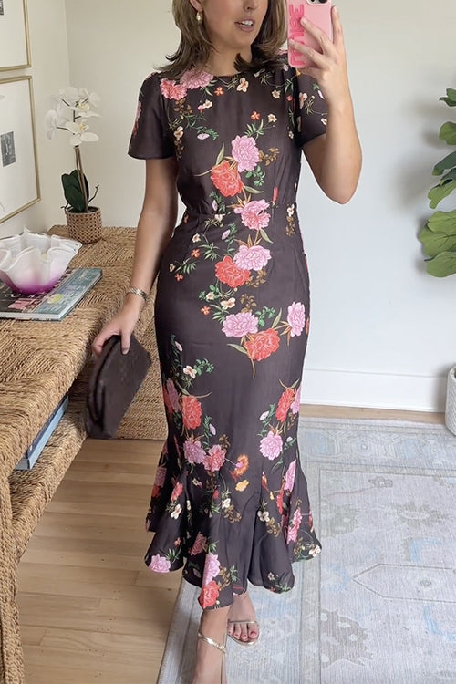 Crewneck Short Sleeves Floral Print Ruffle Hem Midi Dress