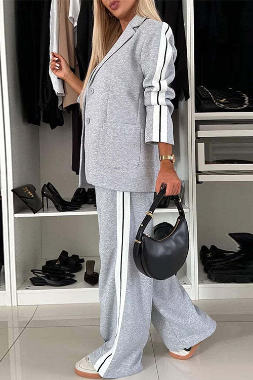 Mixiedress Patchwork Notch Lapel Pocketed Blazer Elastic Waist Wide Leg Pants Casual Set