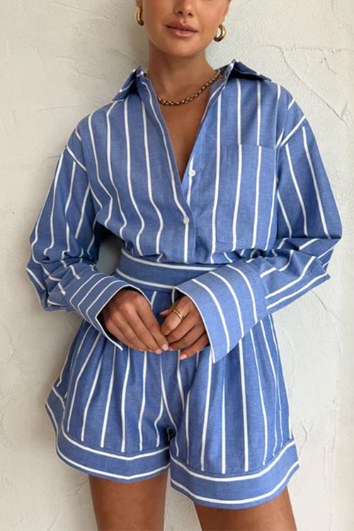 Mixiedress Striped Long Sleeves Curve Hem Shirt and High Rise Shorts Set