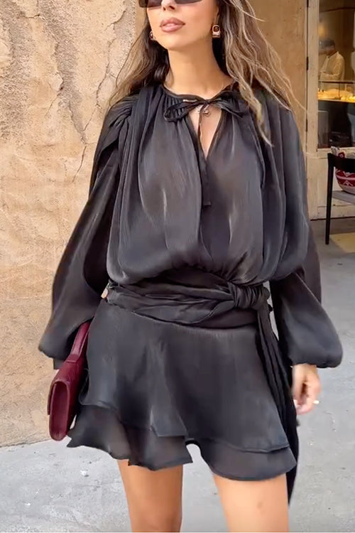 Mixiedress Long Sleeves Lace-up Tie Waist Ruffle Mini Dress