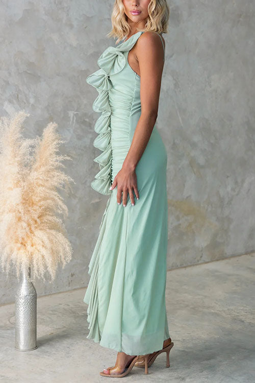 Mixiedress One Shoulder Slit Ruched Ruffle Mesh Maxi Dress