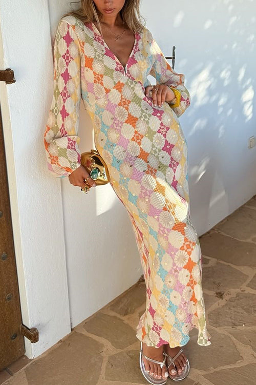 Mixiedress V Neck Lantern Sleeves Geometric Print Maxi Dress