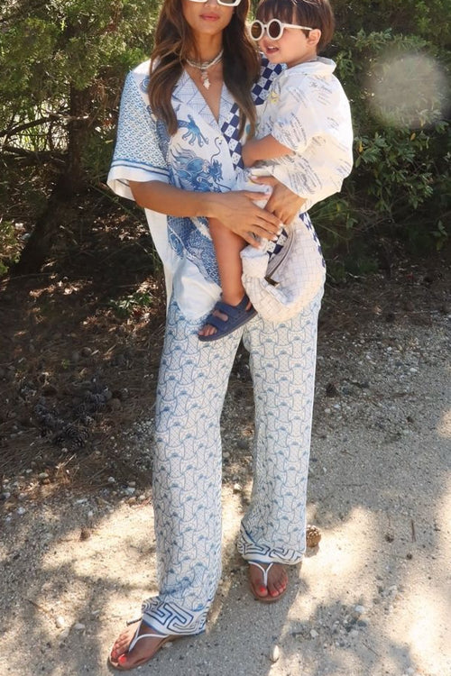 Mixiedress Short Sleeves Blouse Shirt Wide Leg Pants Color Block Unique Print Set