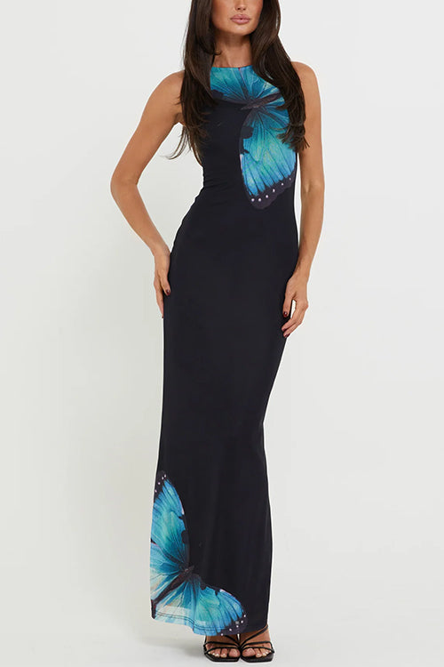 Mixiedress Back Lace-up Sleeveless Butterfly Print Maxi Dress
