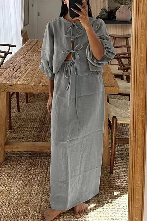 Mixiedress Puff Long Sleeves Lace-up Shirt Drawstring Waist Maxi Skirt Set