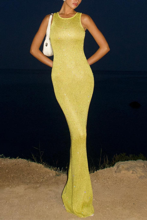 Mixiedress Round Neck Sleeveless Bodycon Glitter Maxi Party Dress