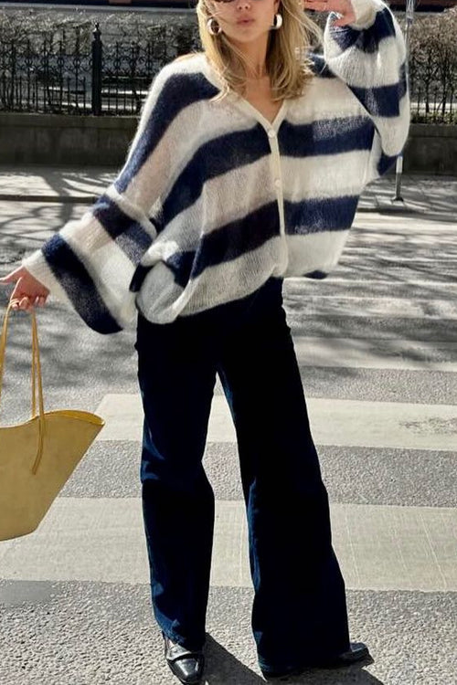 Mixiedress Lantern Sleeves Button Down Color Block Stripes Sweater with Scarf