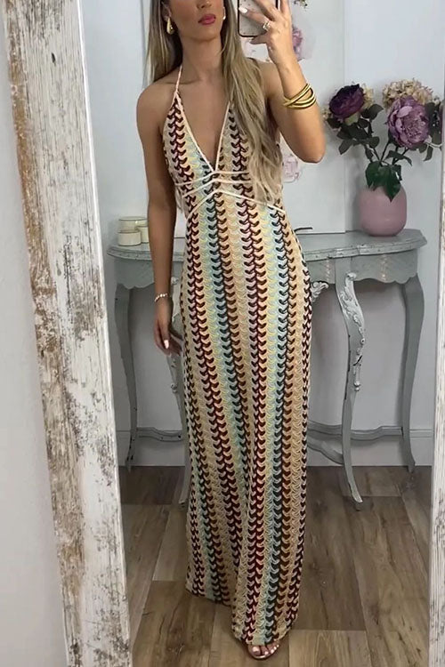 Mixiedress Halter V Neck Backless Color Block Crochet Maxi Dress