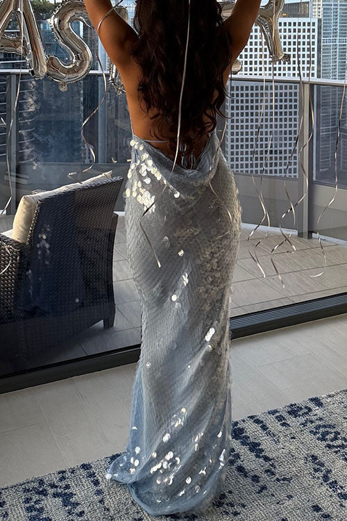 Mixiedress Halter Cowl Neck Open Back Sequin Maxi Party Dress