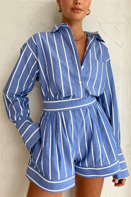Mixiedress Striped Long Sleeves Curve Hem Shirt and High Rise Shorts Set