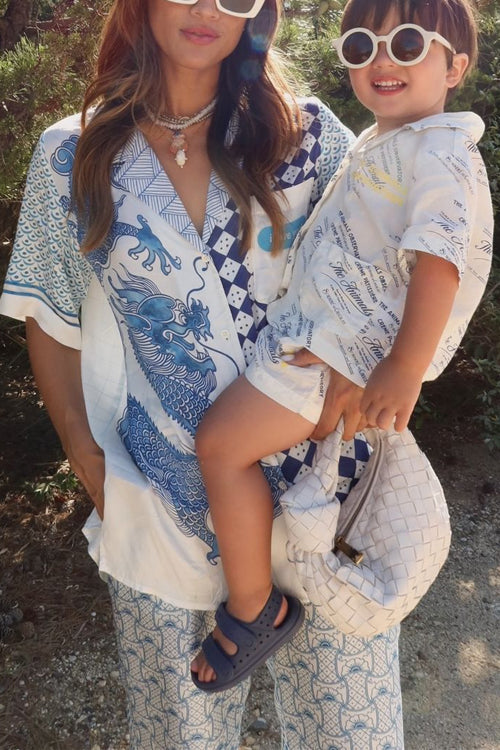 Mixiedress Short Sleeves Blouse Shirt Wide Leg Pants Color Block Unique Print Set