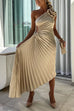 Mixiedress 3D Rose One Shoulder Cut Out Waist Asymmetric Hem Pleated Maxi Dress