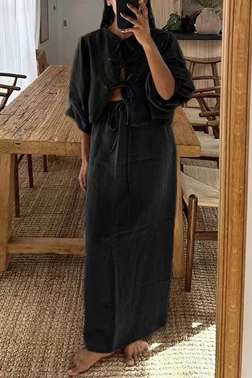 Mixiedress Puff Long Sleeves Lace-up Shirt Drawstring Waist Maxi Skirt Set