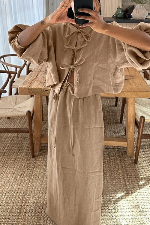 Mixiedress Puff Long Sleeves Lace-up Shirt Drawstring Waist Maxi Skirt Set