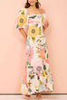 Mixiedress Square Collar Puff Sleeves Floral Print Cotton Linen Ruffle Maxi Dress