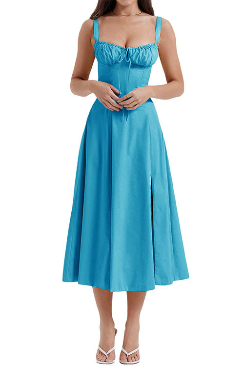 Mixiedress Drawstring Neck Slit Bustier Midi Cami Dress