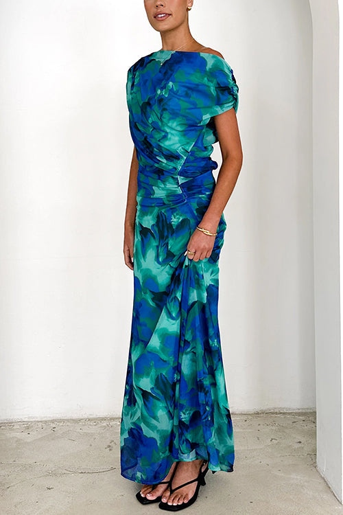 Off Shoulder Ruched Lagoon Print Maxi Dress